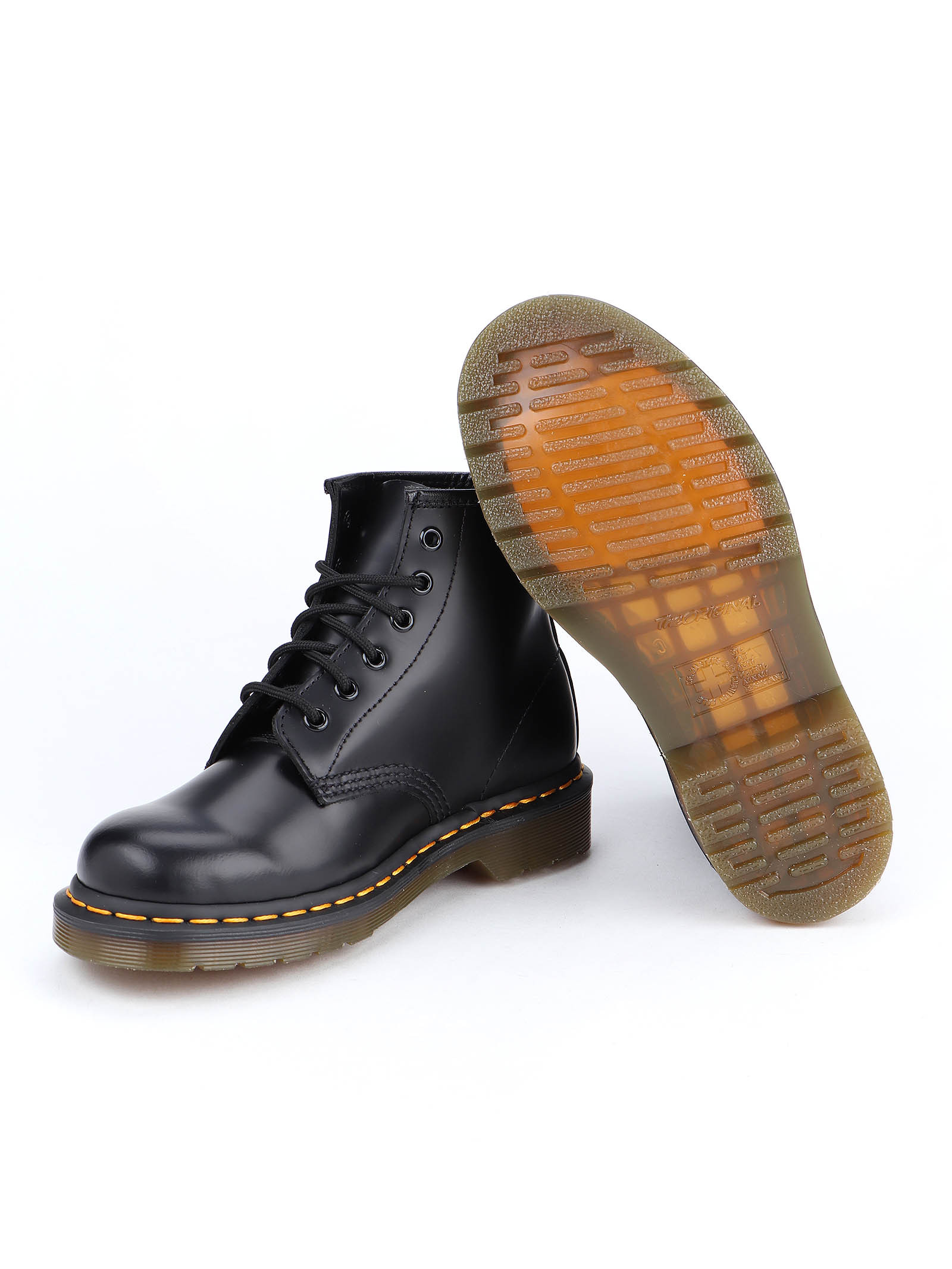 Dr. Martens' 101 Yellow Stitch Smooth Leather Ankle Boots In Black