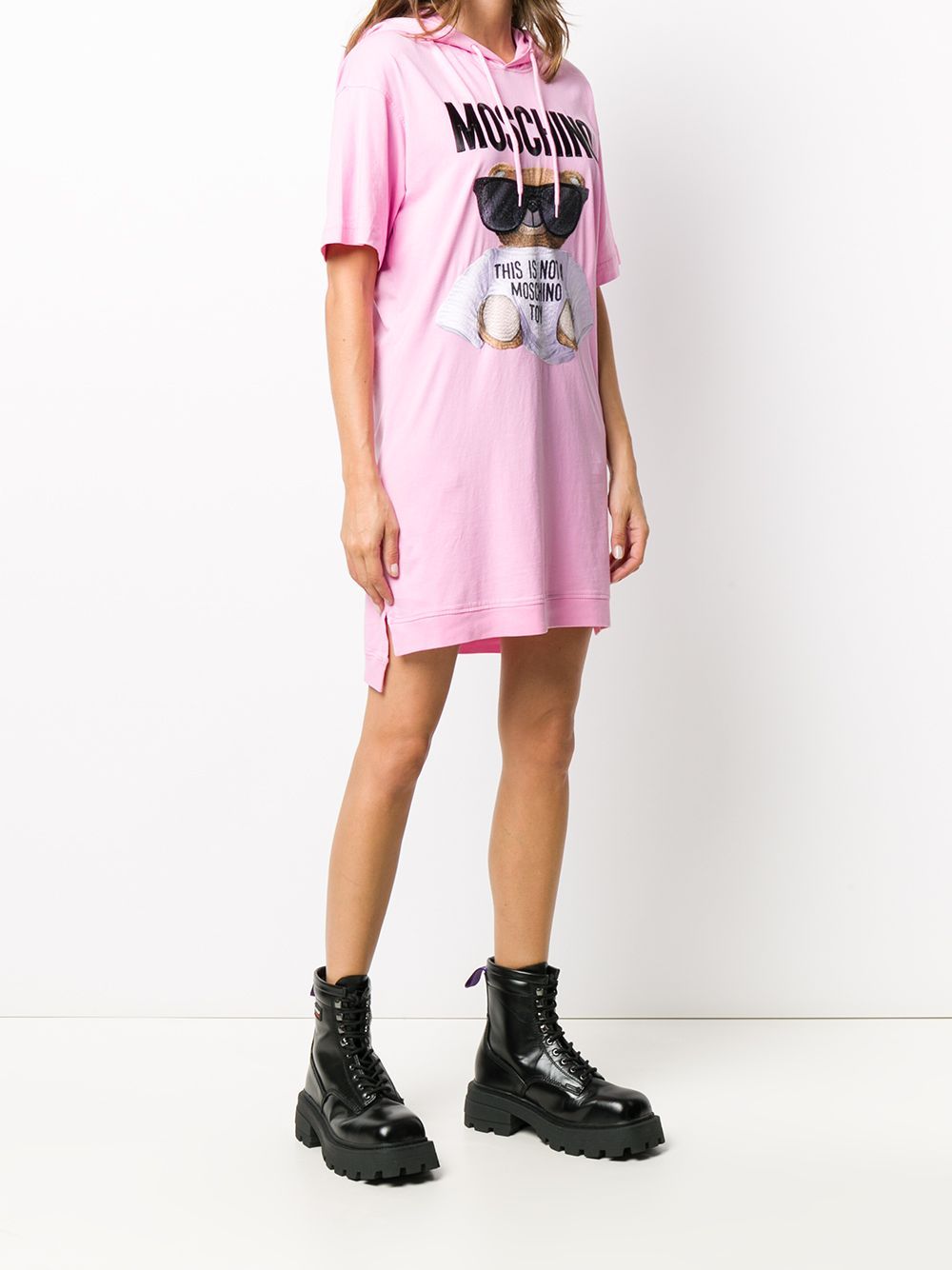 Moschino Teddy Bear Printed Hooded T-shirt Dress In Pink