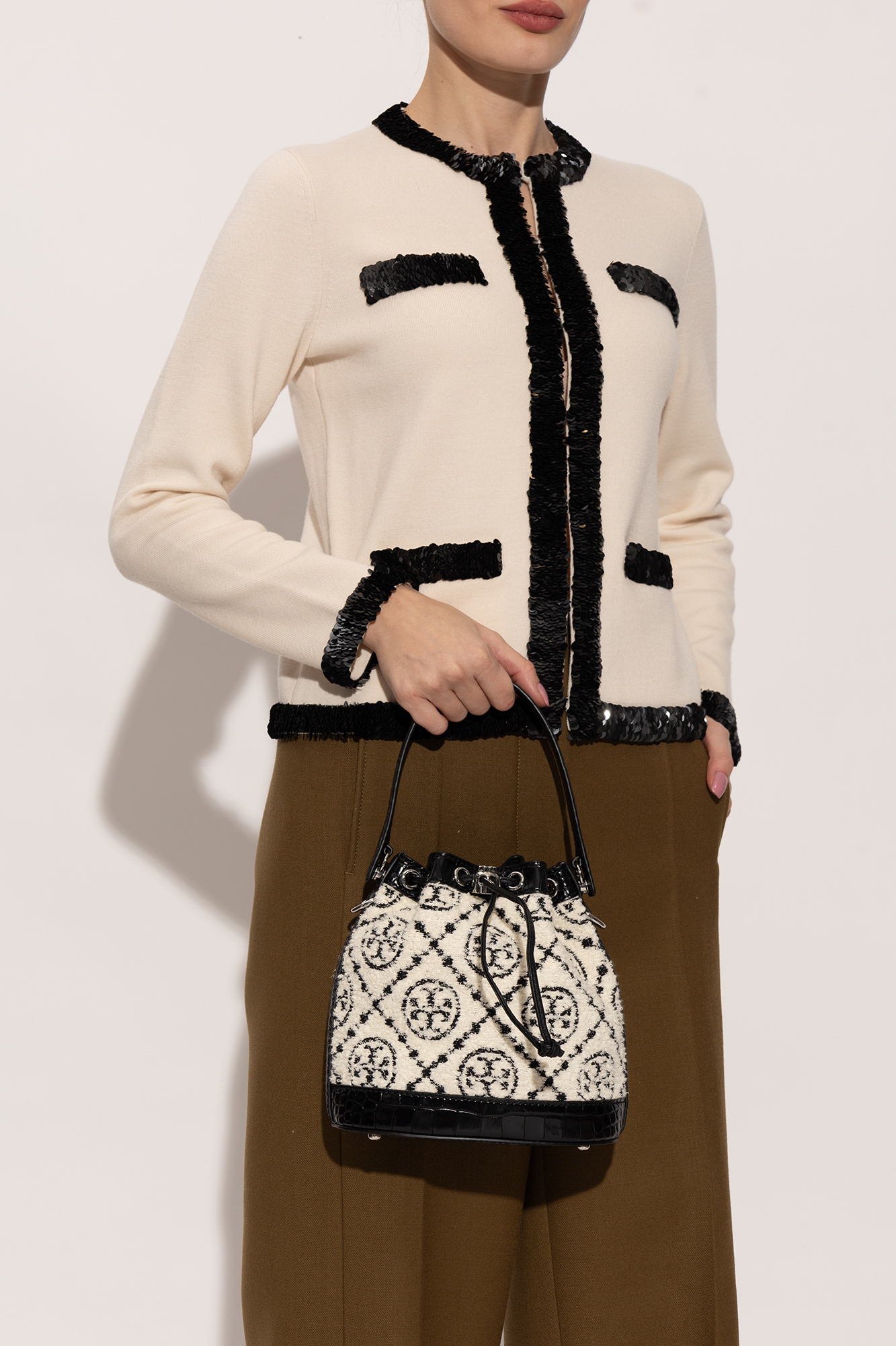 TORY BURCH T MONOGRAM BOUCLÉ BUCKET BAG