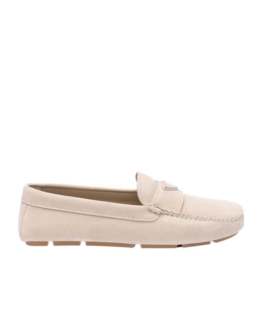 Prada Triangle Logo Suede Loafers In Nude