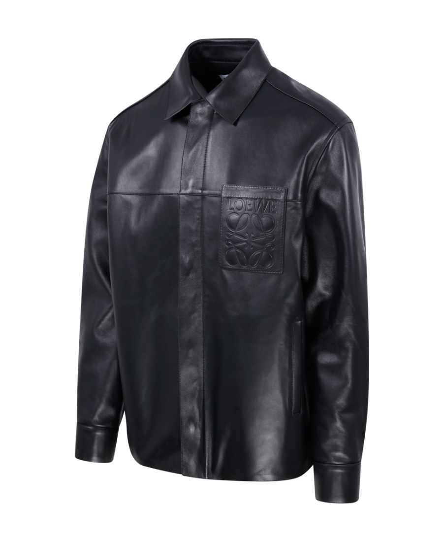 Loewe Anagram Leather Zip-up Overshirt In Black