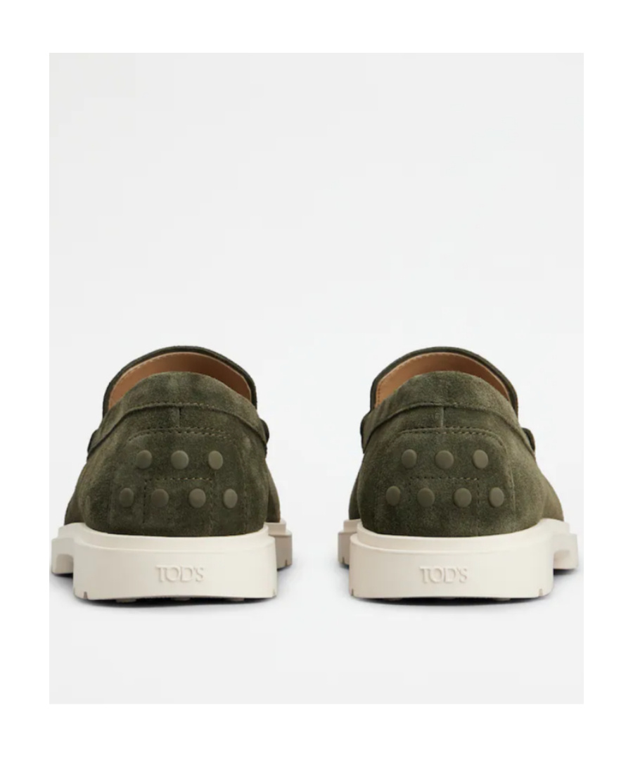 Tod's Round Toe Suede Loafers With Decorative Stitching In Green