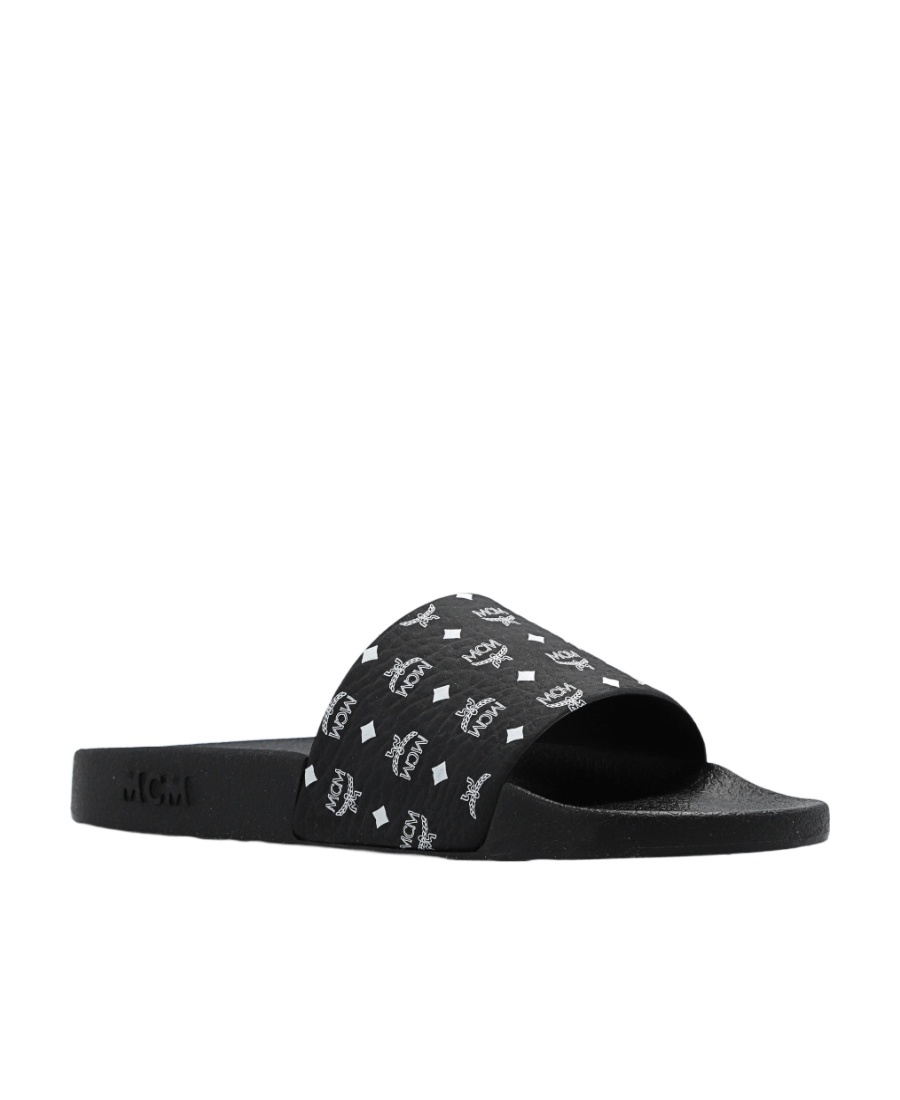 Mcm Monogram Print Rubber Slides In Black
