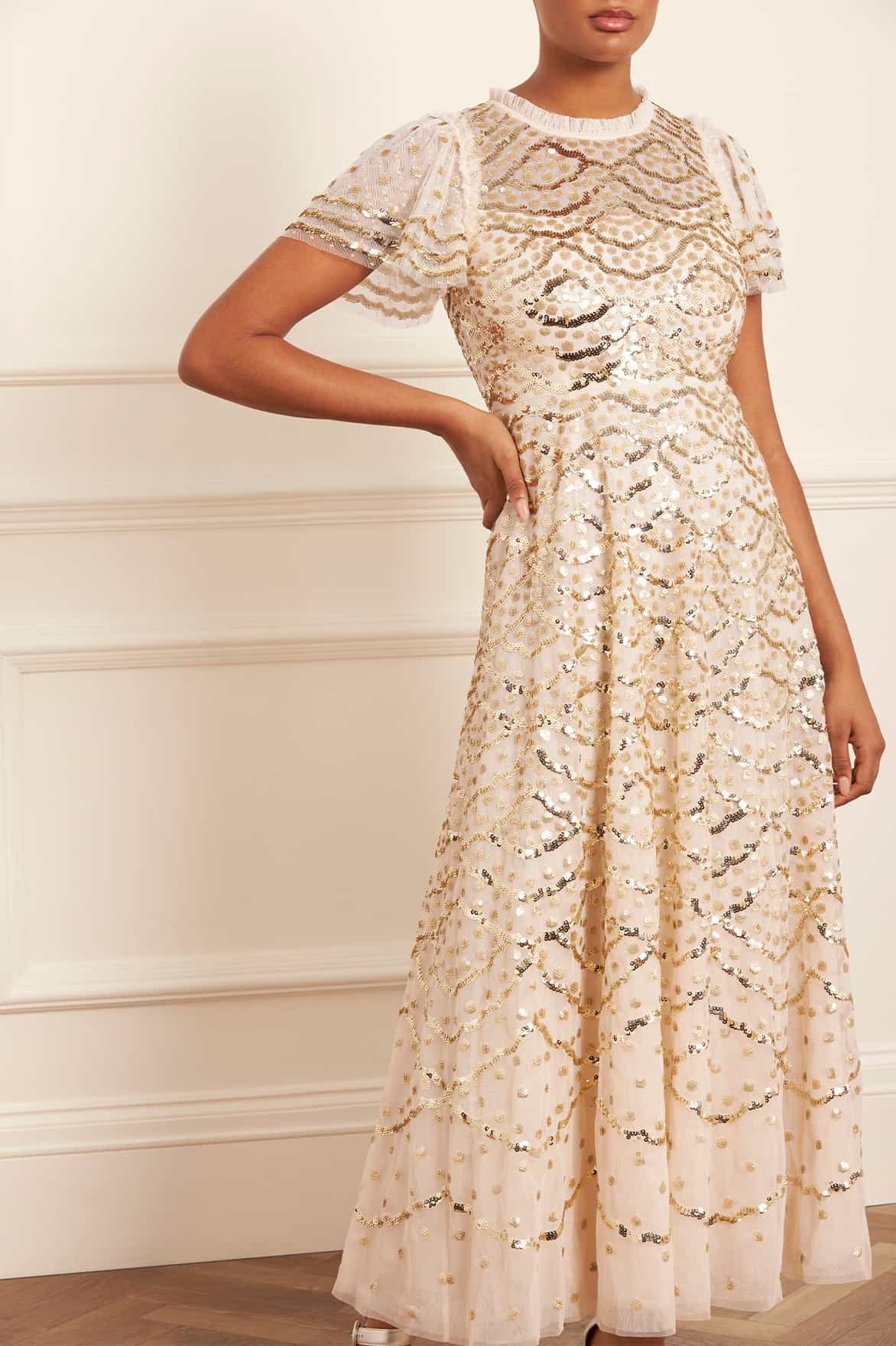 Needle & Thread Deco Dot Gloss Maxi Dress In Nude