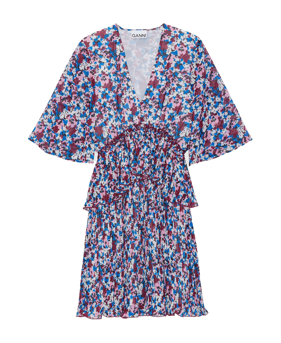 Ganni Pleated Mini Dress With Floral Motif In Multicolor