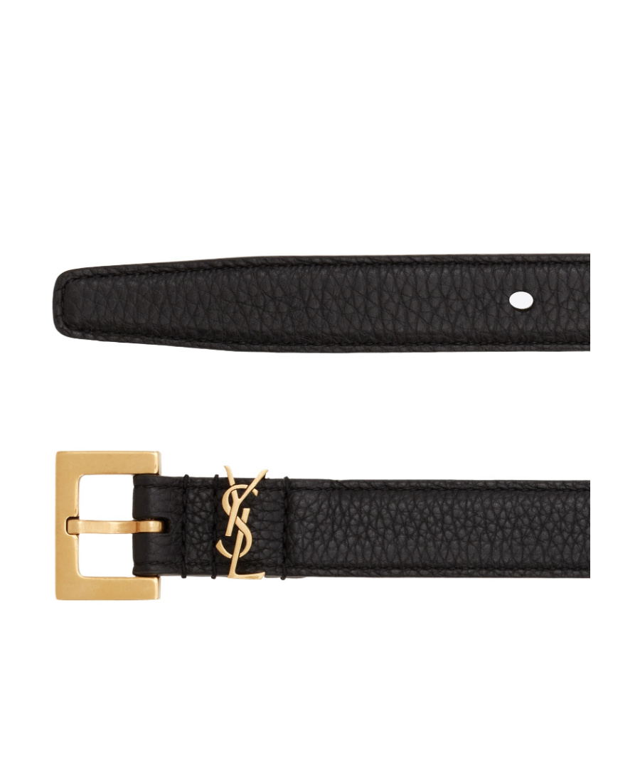 Saint Laurent Cassandre Thin Belt With Square Buckle In Grained Leather In Black