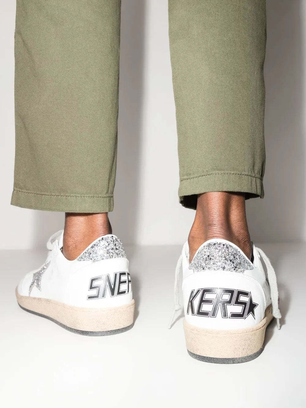 Golden Goose Ballstar Leather And Glitter Sneakers In White