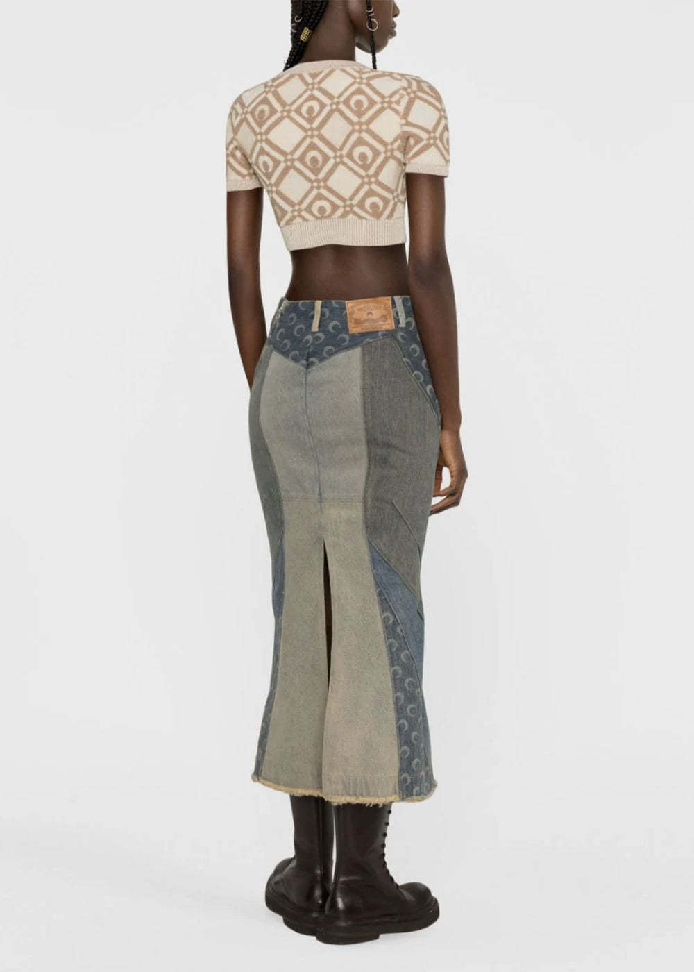 Marine Serre Regenerated Denim Flared Midi Skirt In Nude