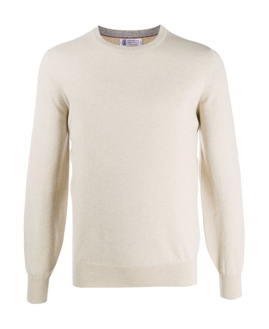 Brunello Cucinelli Crew Neck Cashmere Sweater With Ribbed Cuffs In White