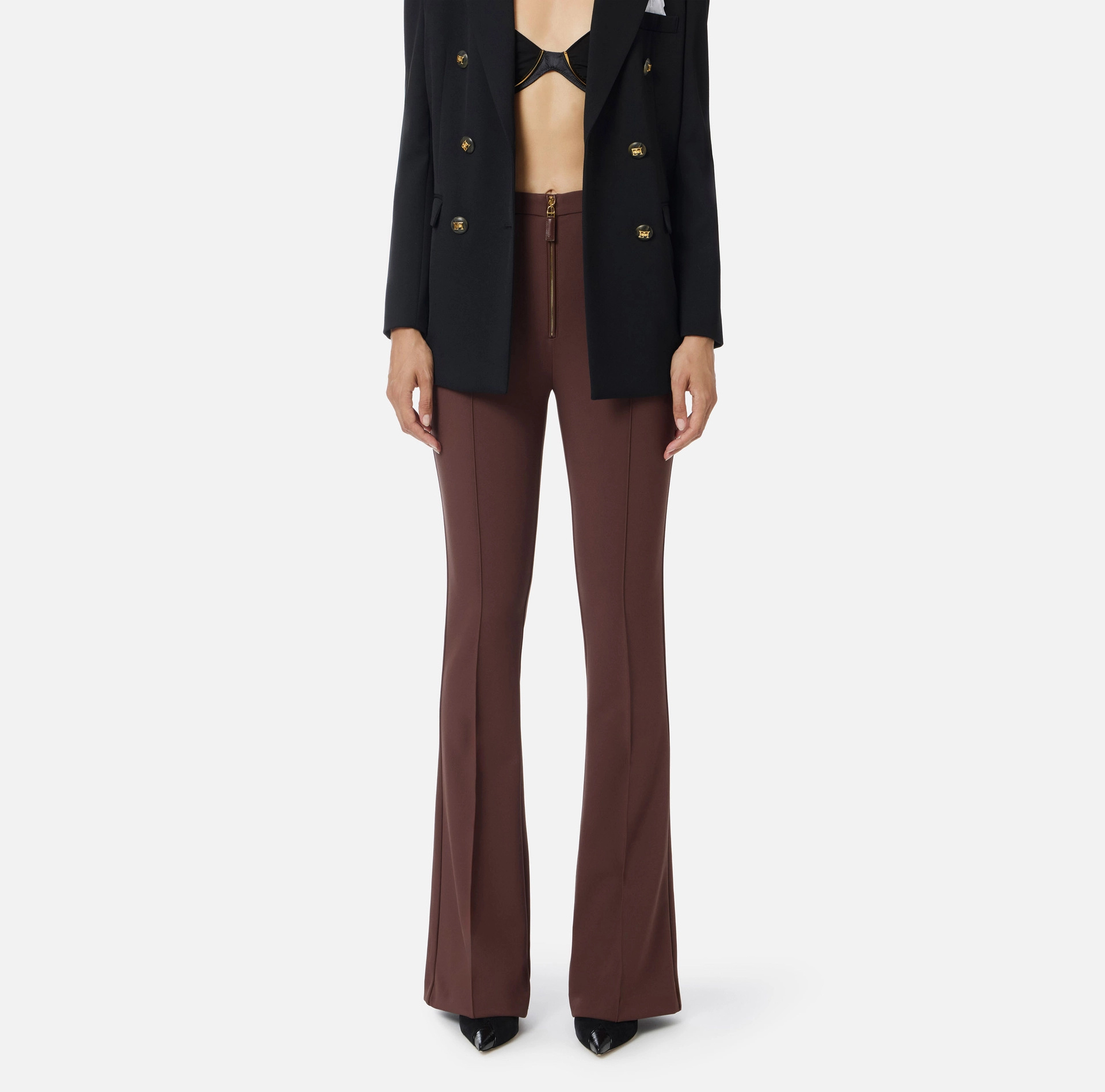 Elisabetta Franchi Zip-front Flared Trousers In Brown