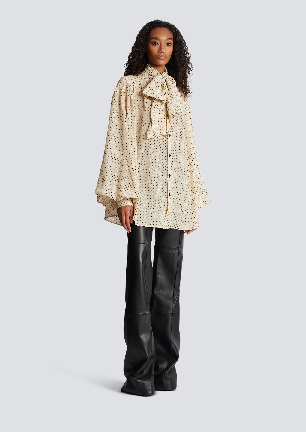 Balmain Printed Pussy Bow Silk Blouse In Nude
