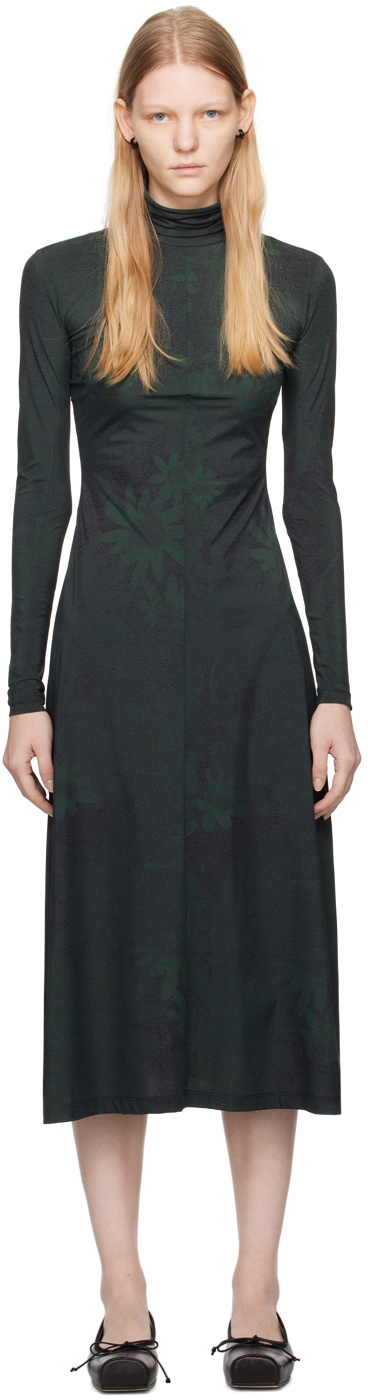 Mm6 Maison Margiela Floral-print High-neck Midi Dress In Black