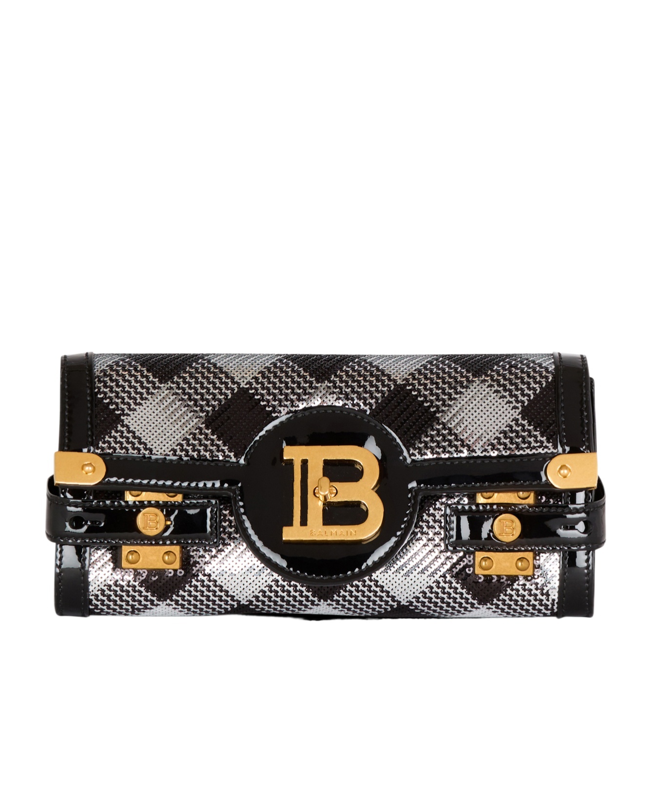 Balmain B-buzz Pouch 23 With Gingham Sequins And Patent Leather In Black