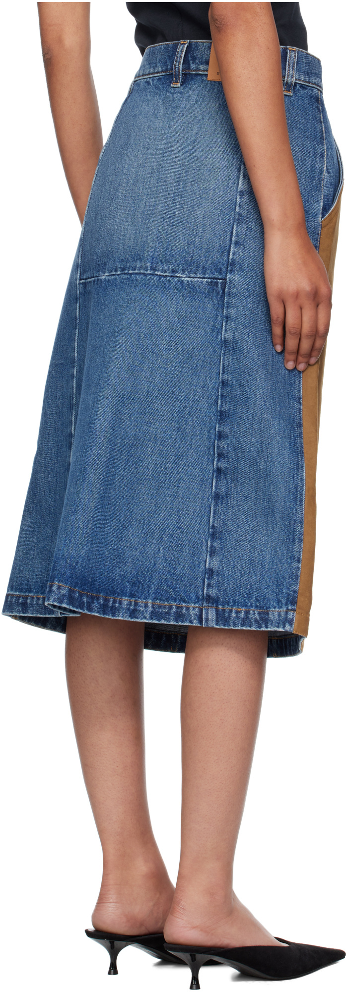 Stella Mccartney Faux Suede-trimmed Denim Midi Skirt In Brown