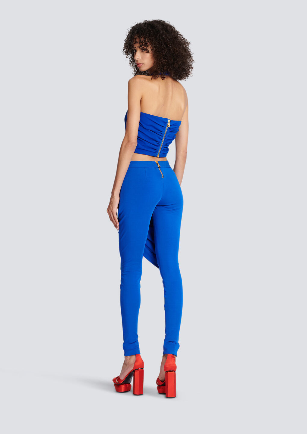 Shop Balmain Draped Jersey Crop Top In Blue