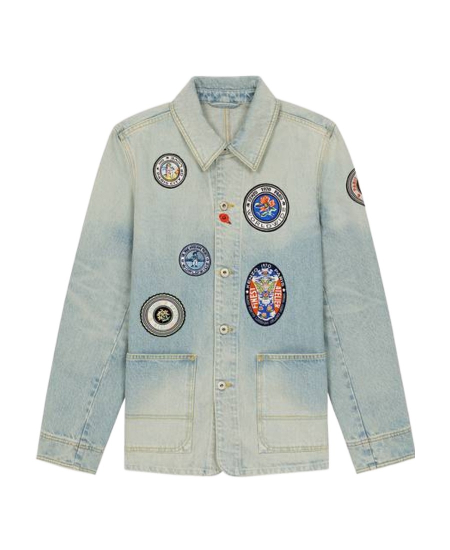 Kenzo Patch Detail Denim Blazer With Front Pockets In Medium Stone Blue Denim