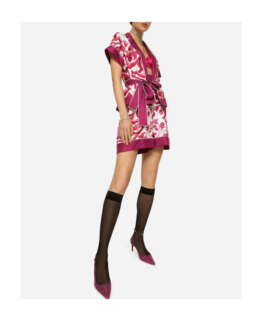 Dolce & Gabbana Maiolica Belted Piped Printed Silk-twill Shirt In Pink