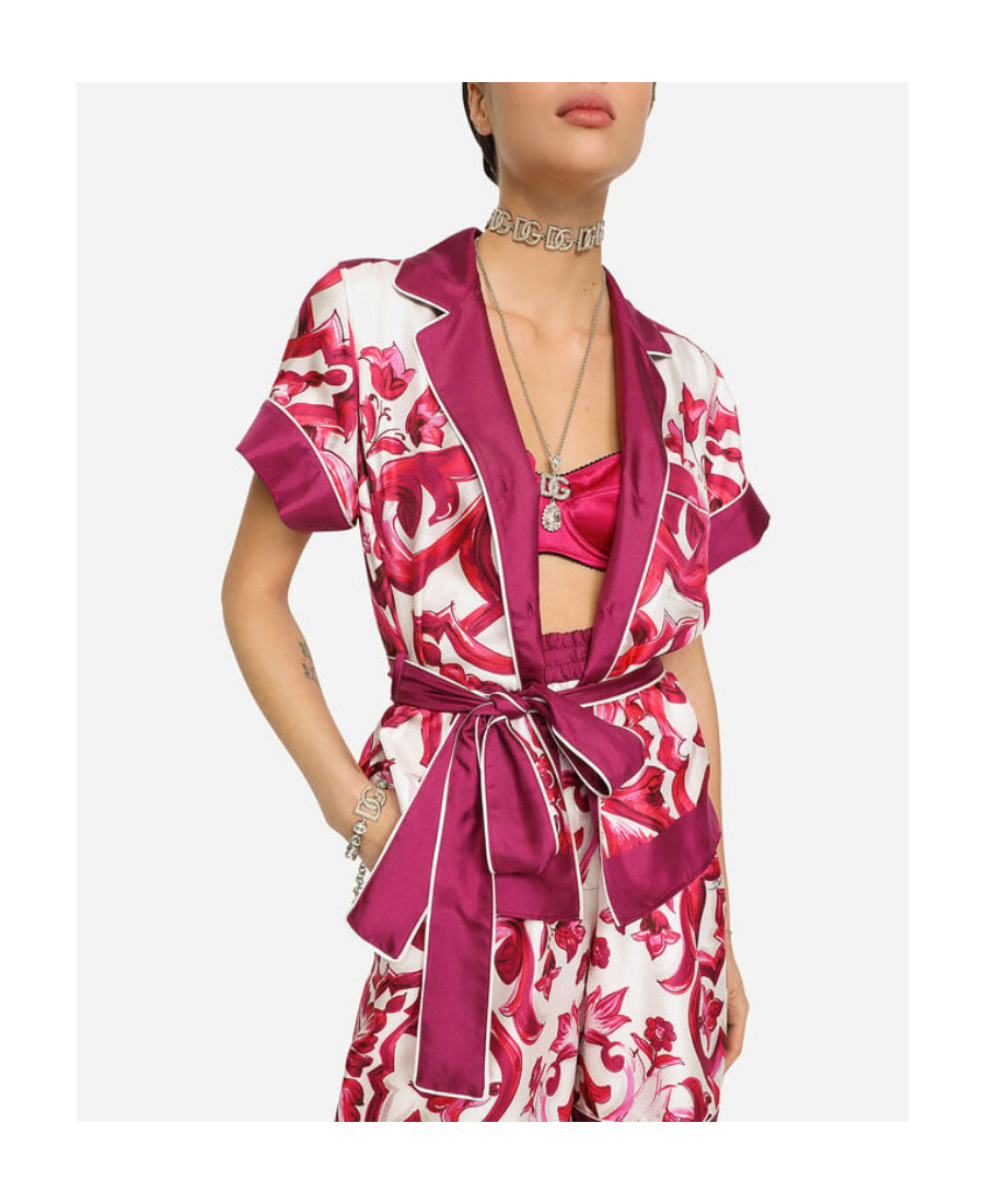 Dolce & Gabbana Maiolica Belted Piped Printed Silk-twill Shirt In Pink