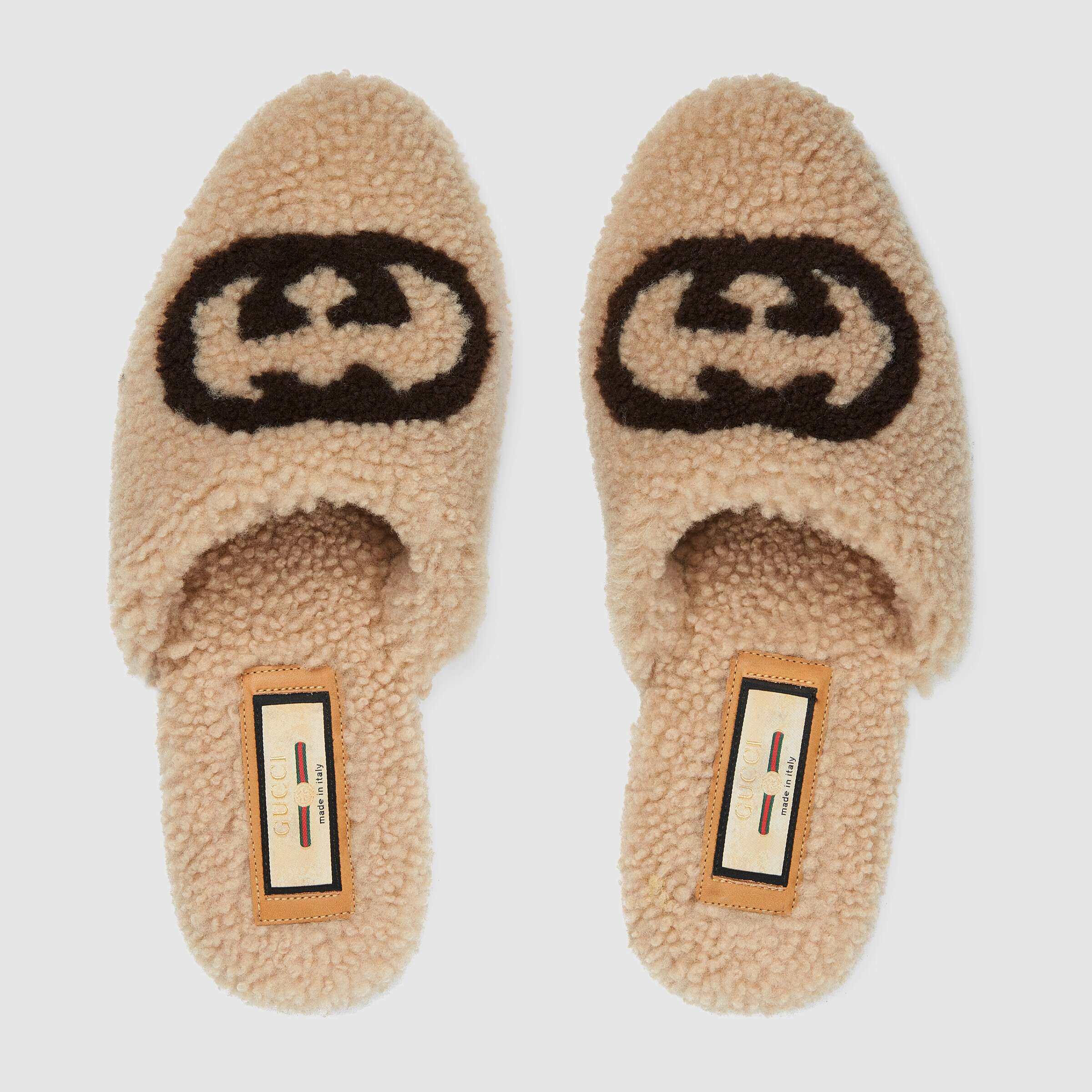 Gucci Eileen Interlocking G Shearling Slippers In Brown