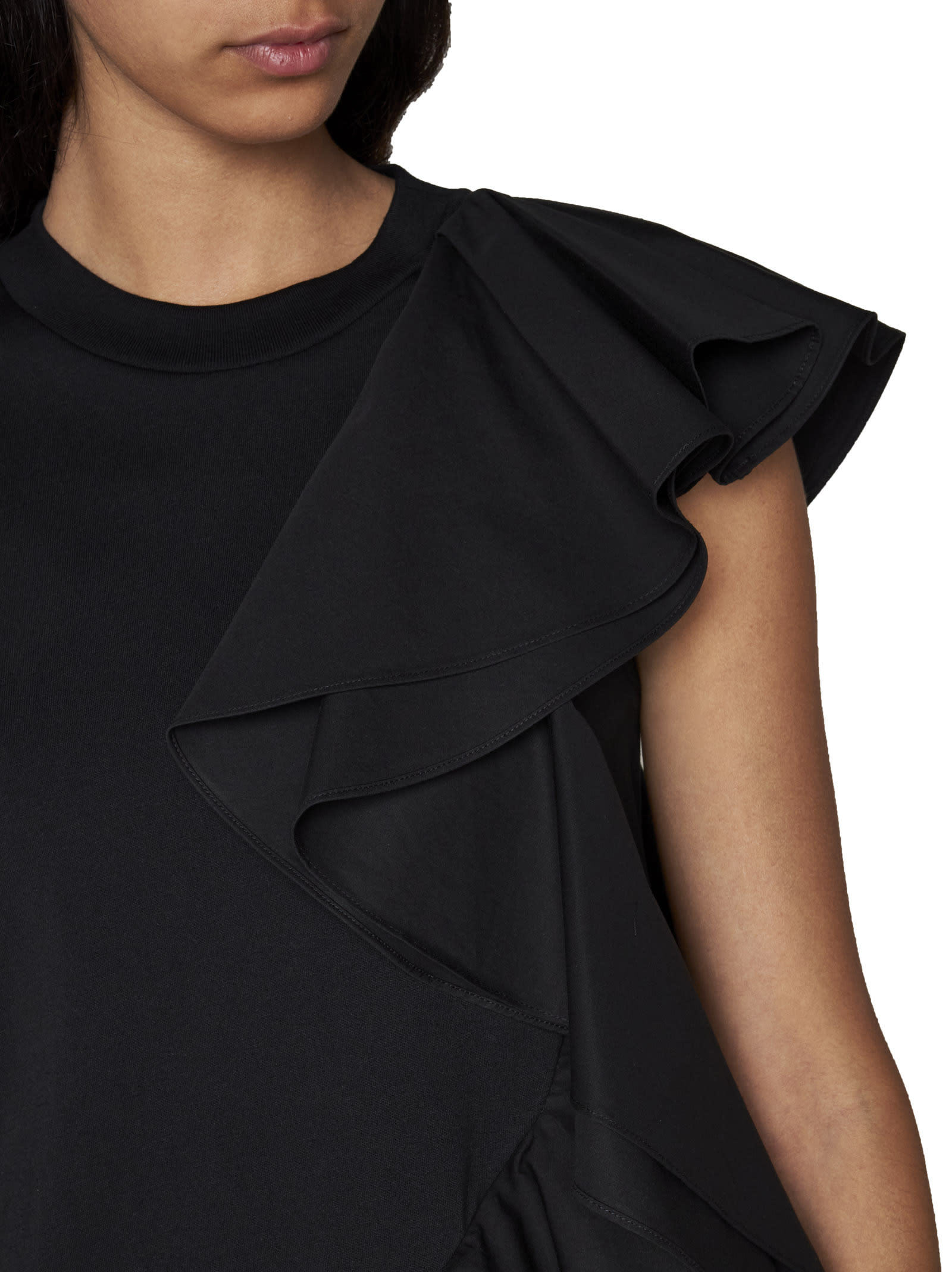 Alexander Mcqueen Mixed Media Ruffle Detail Cotton Top In Black