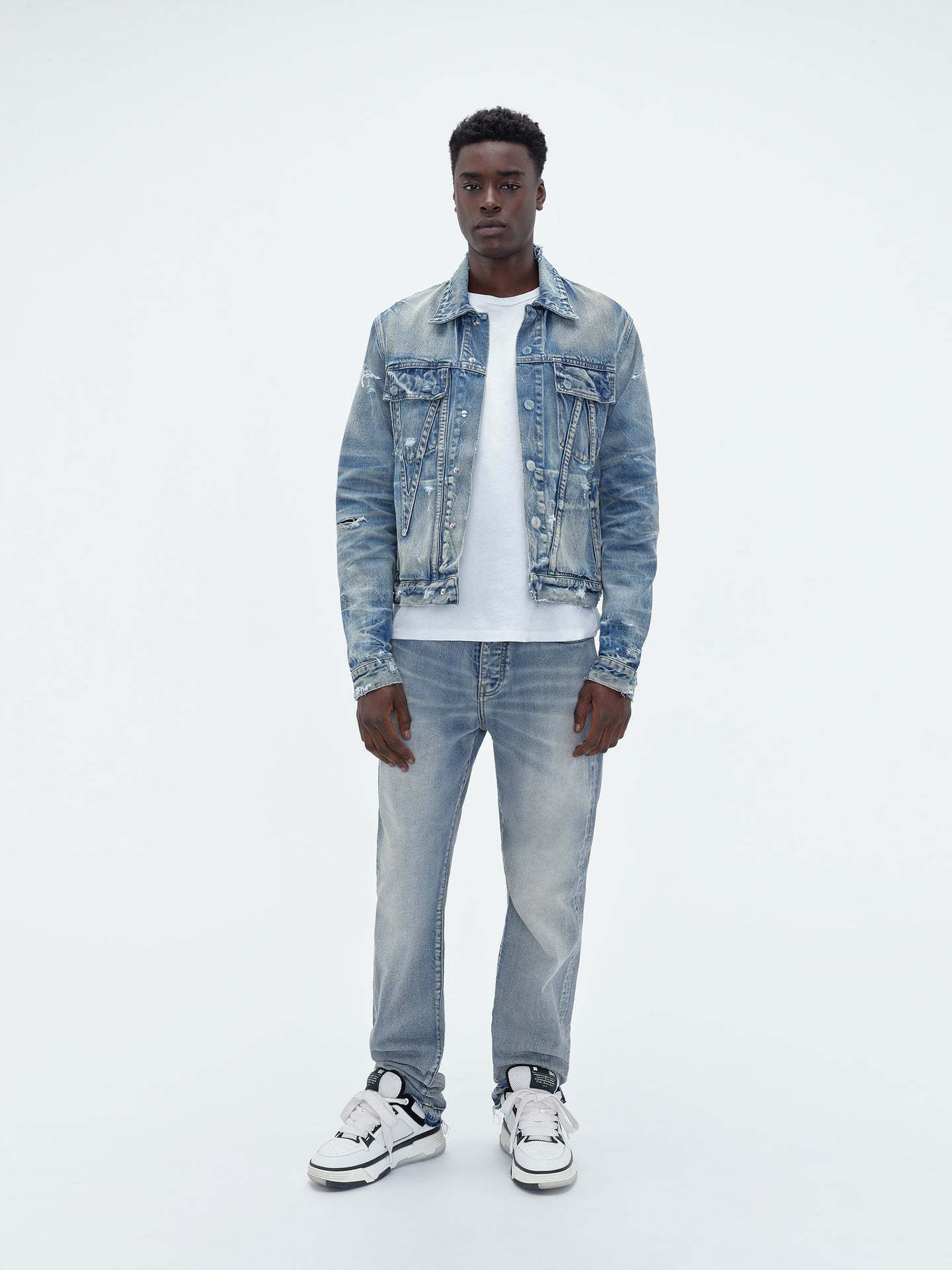 Amiri Ma Distressed Denim Trucker Jacket In Blue