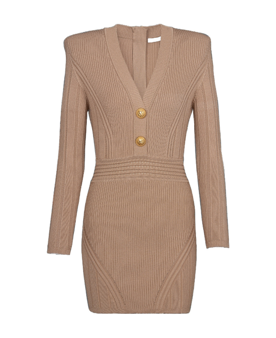 Shop Balmain Short Knit Dress With Gold Buttons In Brown