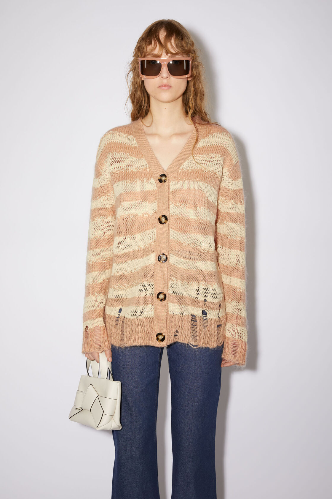 Acne Studios Distressed Stripe Cardigan In Nude