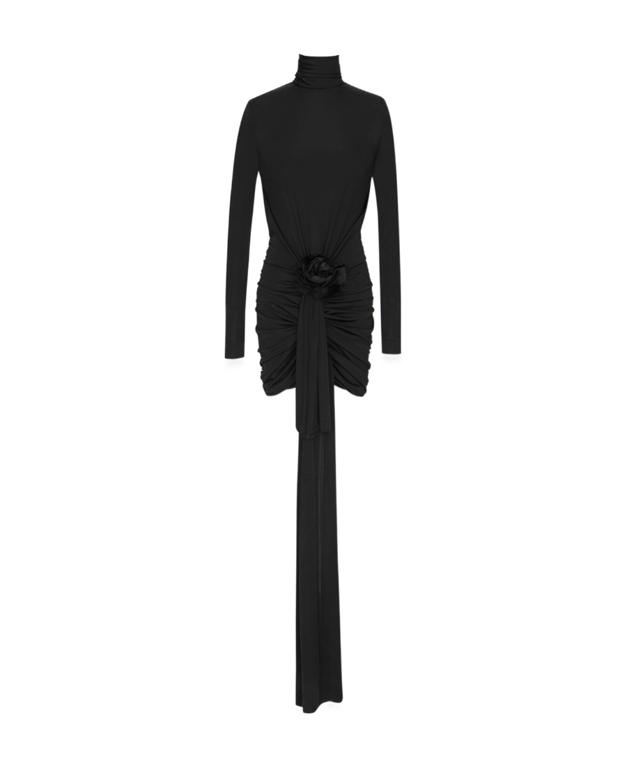 Saint Laurent Embellished Ruched Satin-jersey Mini Dress In Black