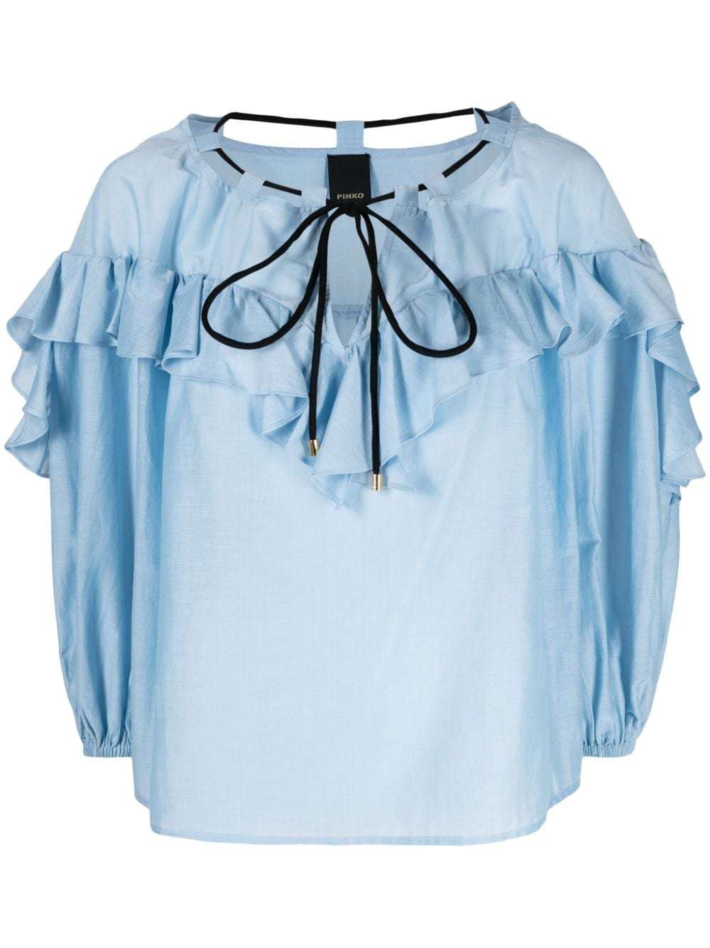 Pinko Solid Color Cotton And Silk Bones Blouse With Ruffles In Blue