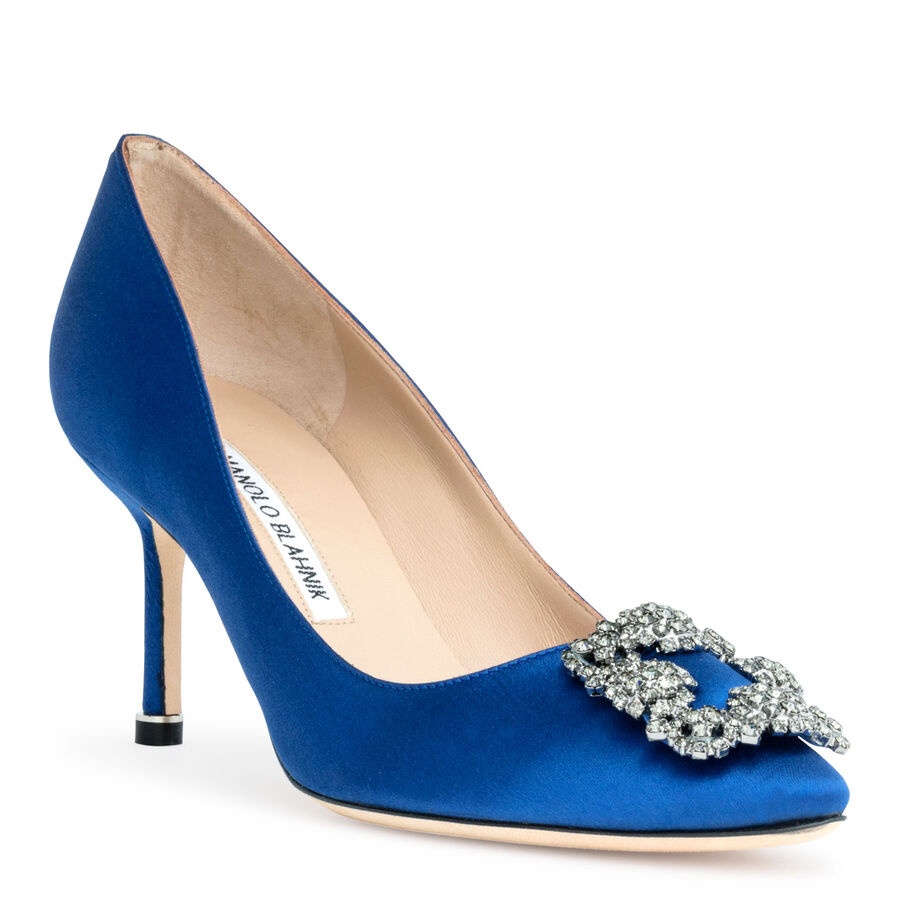 Shop Manolo Blahnik Hangisi 70mm Embellished Buckle Pumps In Blue