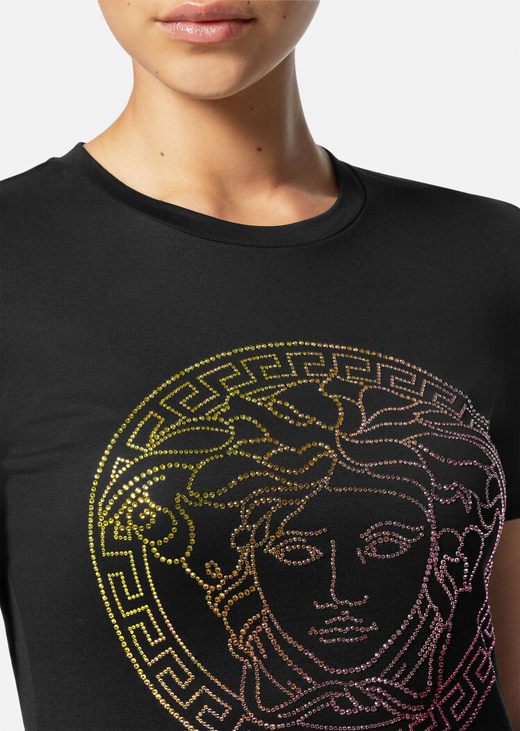 Versace Rainbow Strass Medusa Logo T-shirt In Black