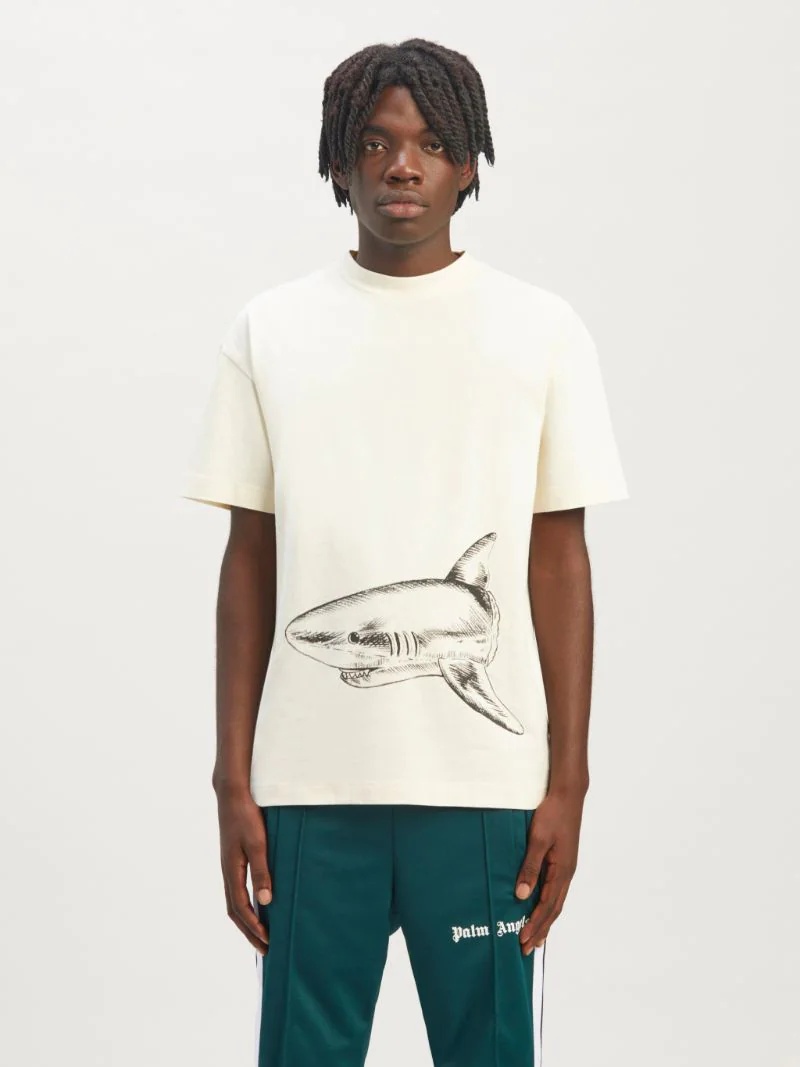 Palm Angels Broken Shark Print Cotton T-shirt In White