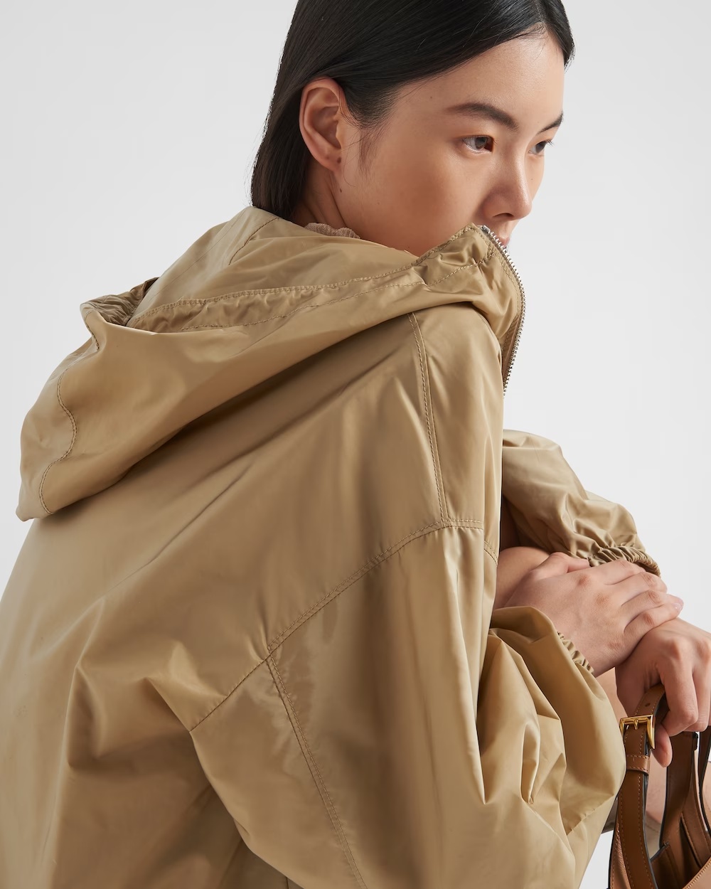 Prada Re-nylon Hooded Raincoat In Brown