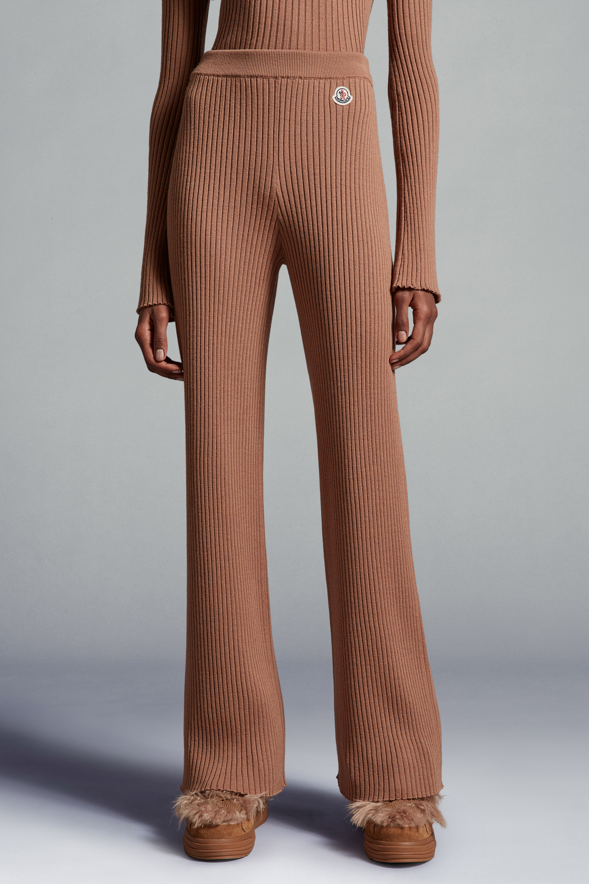 Moncler Logo-patch Ribbed-knit Trousers In Brown