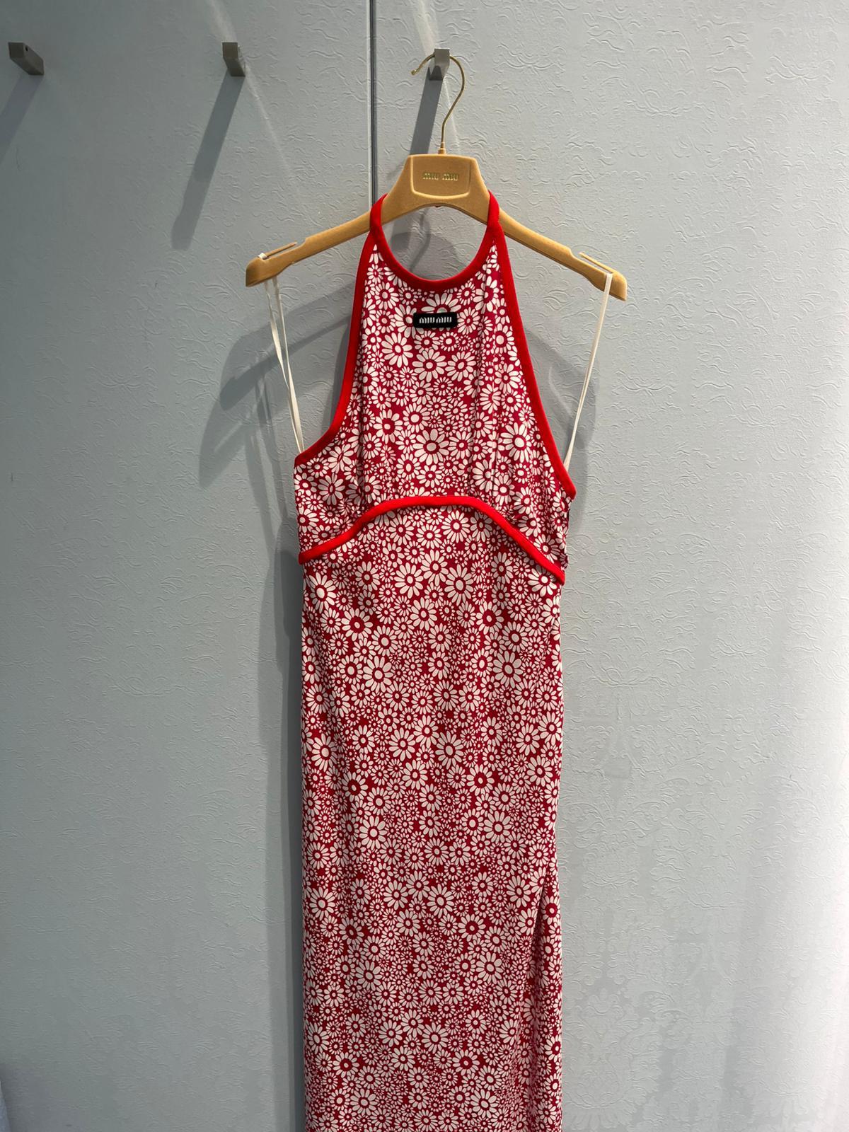 Miu Miu Long Floral Print Crepe De Chine Dress In Red