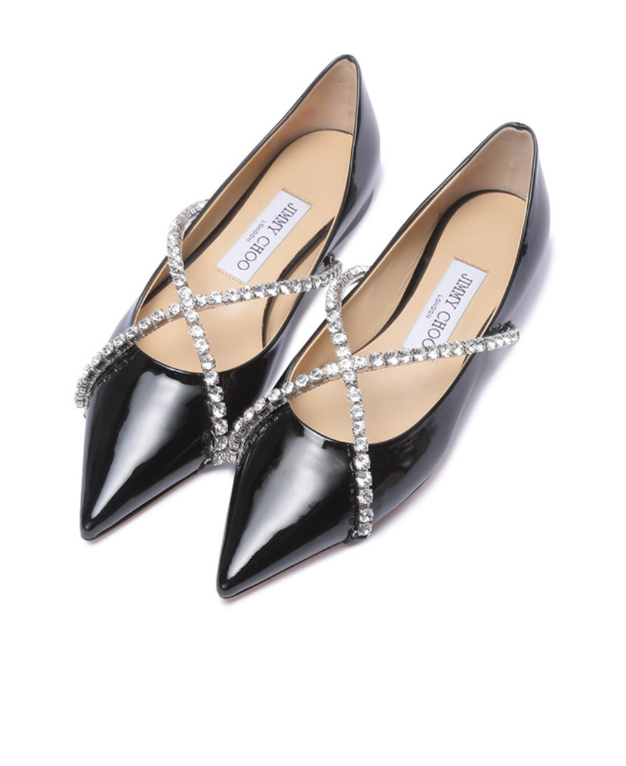 Jimmy Choo Crystal Chain Pointed Shallow-mouth Flat Shoes In Black