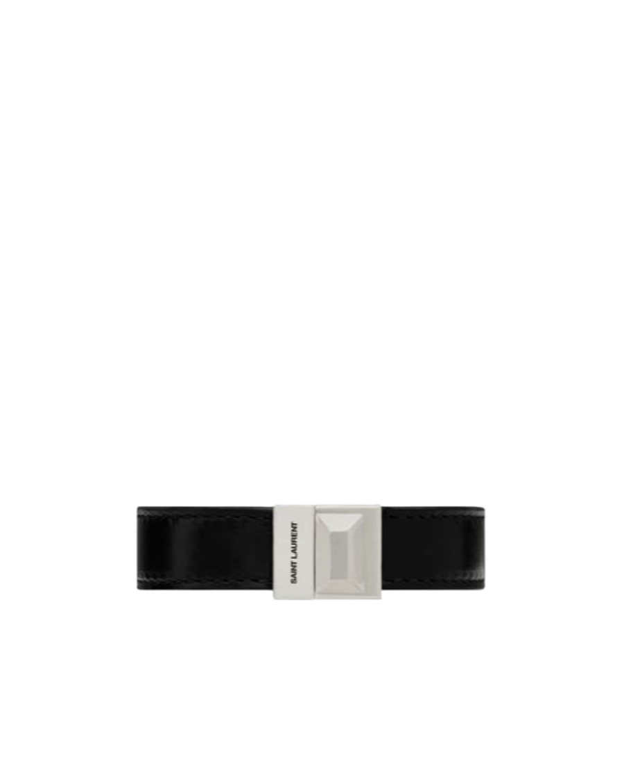 Saint Laurent Logo-engraved Leather Bracelet In Black