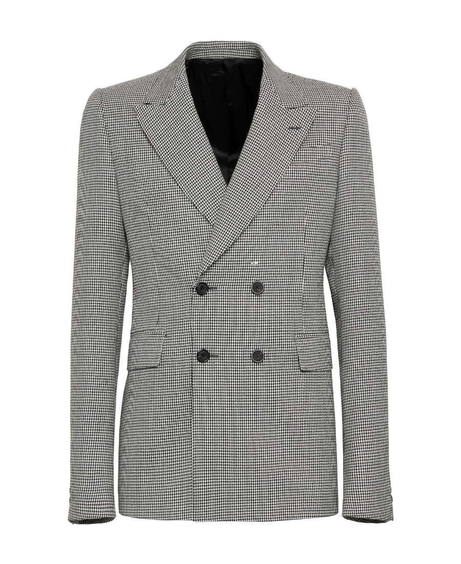 Alexander Mcqueen Houndstooth-print Double-breasted Blazer In Gray