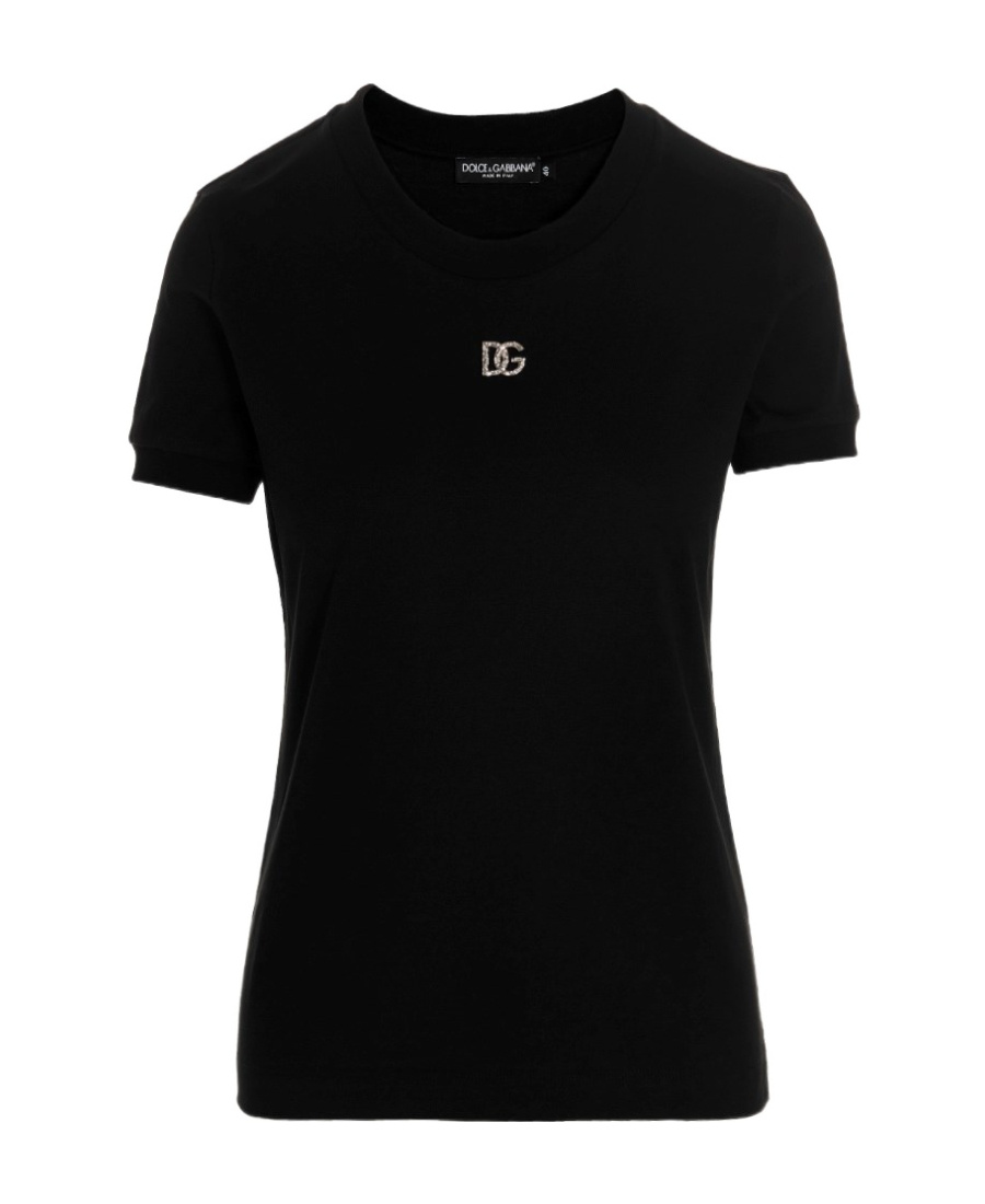 Dolce & Gabbana Black T-shirt With Logo Decorated With Crystals On The Front In Cotton Woman In Black
