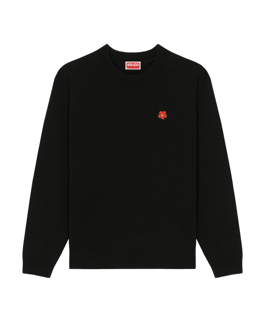 Kenzo Black Knit Jumper With Boke Flower Logo Patch On The Chest In Wool Man In Black