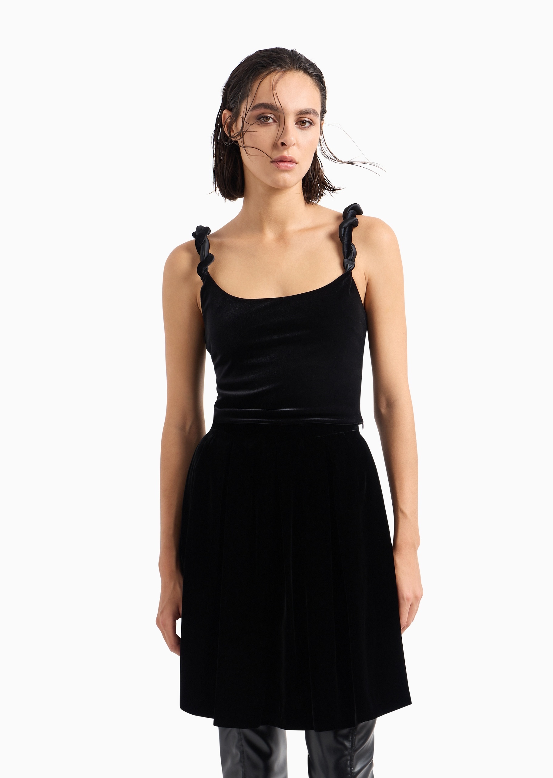 Emporio Armani Twisted-straps Velvet Cropped Top In Black