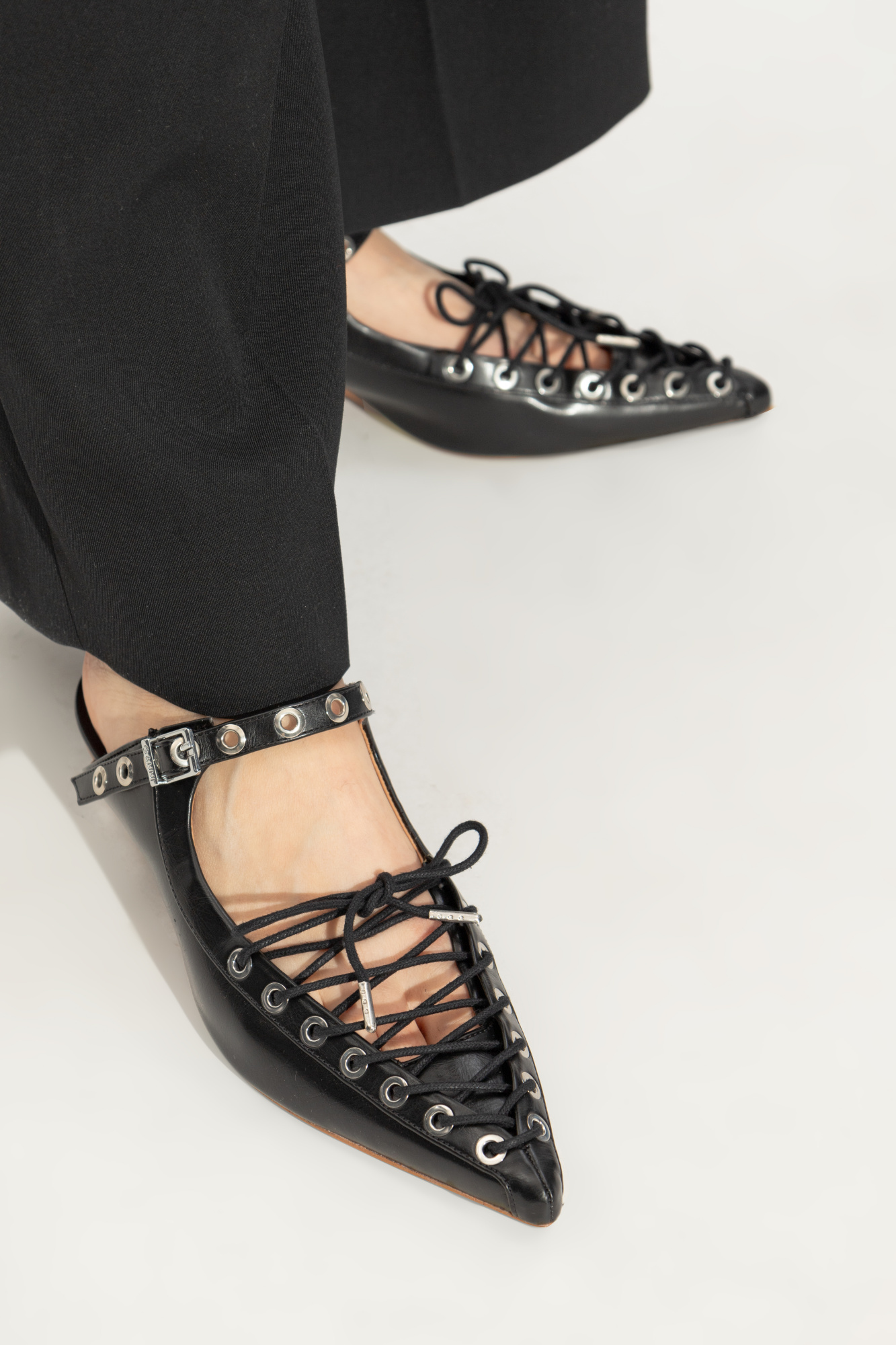 Shop Ganni Black Oleatex Lace-up Mules