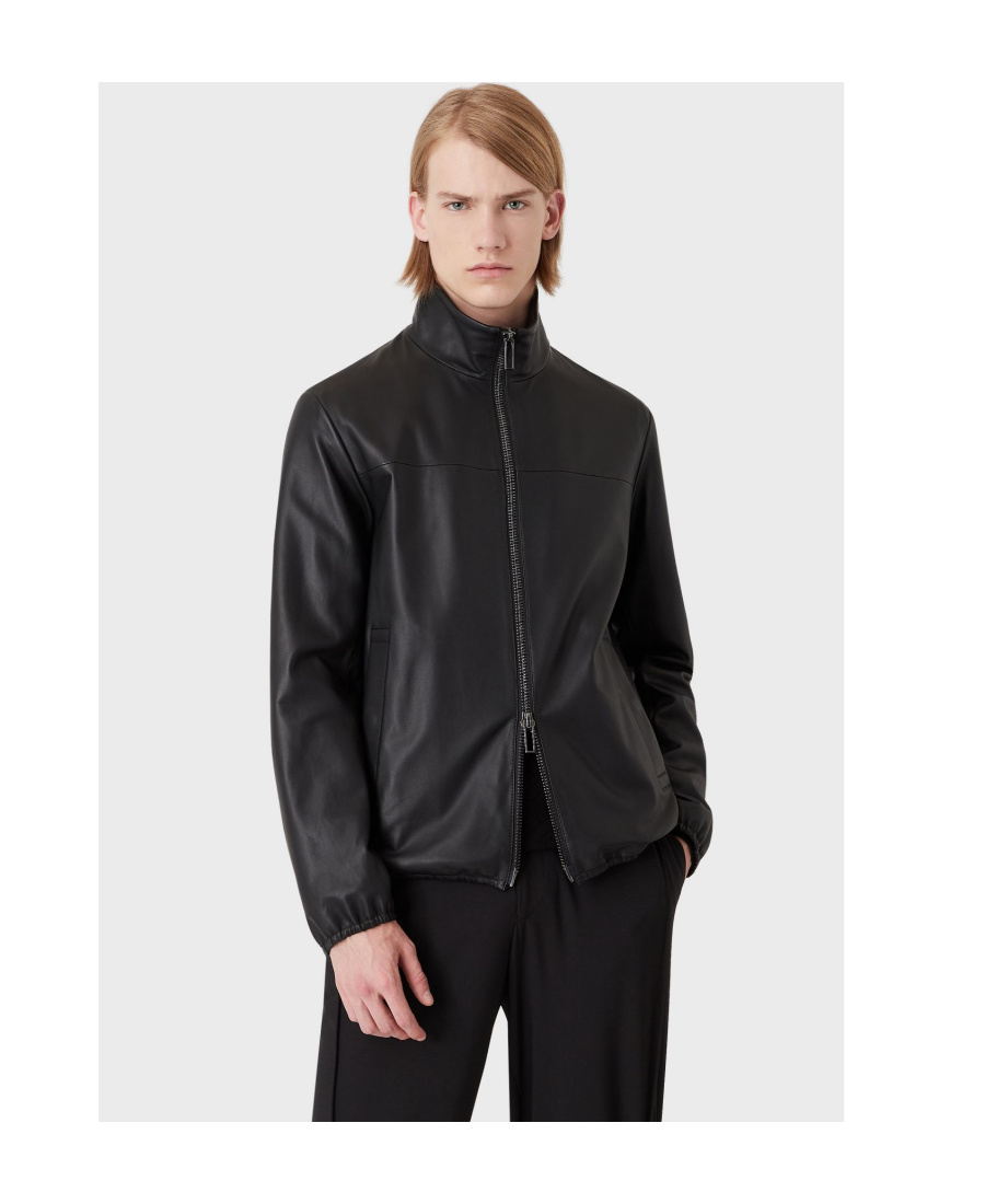 Emporio Armani Zip-up Long Sleeved Leather Jacket In Black