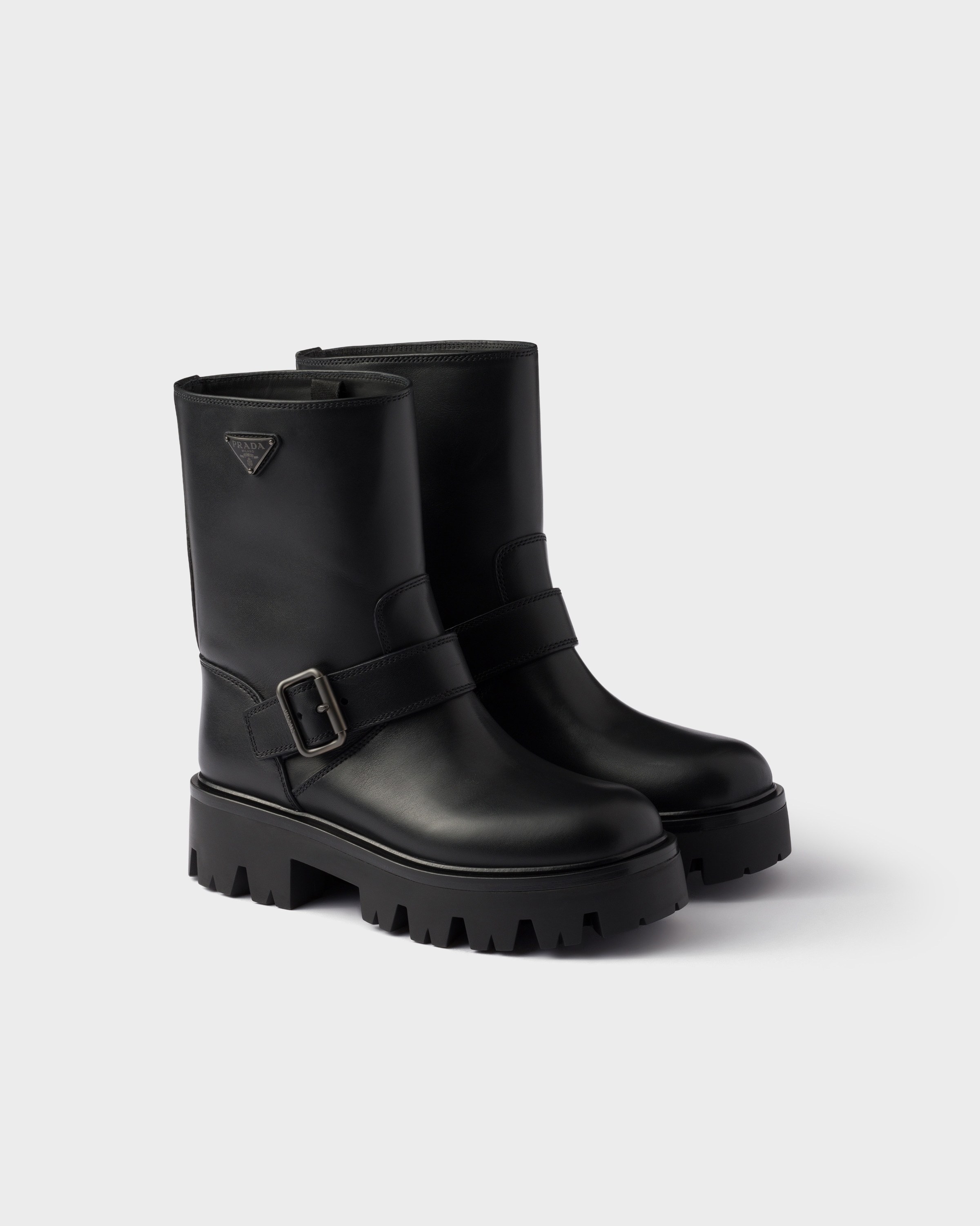 Prada Mid-calf Chunky Sole Round Toe Boots In Black