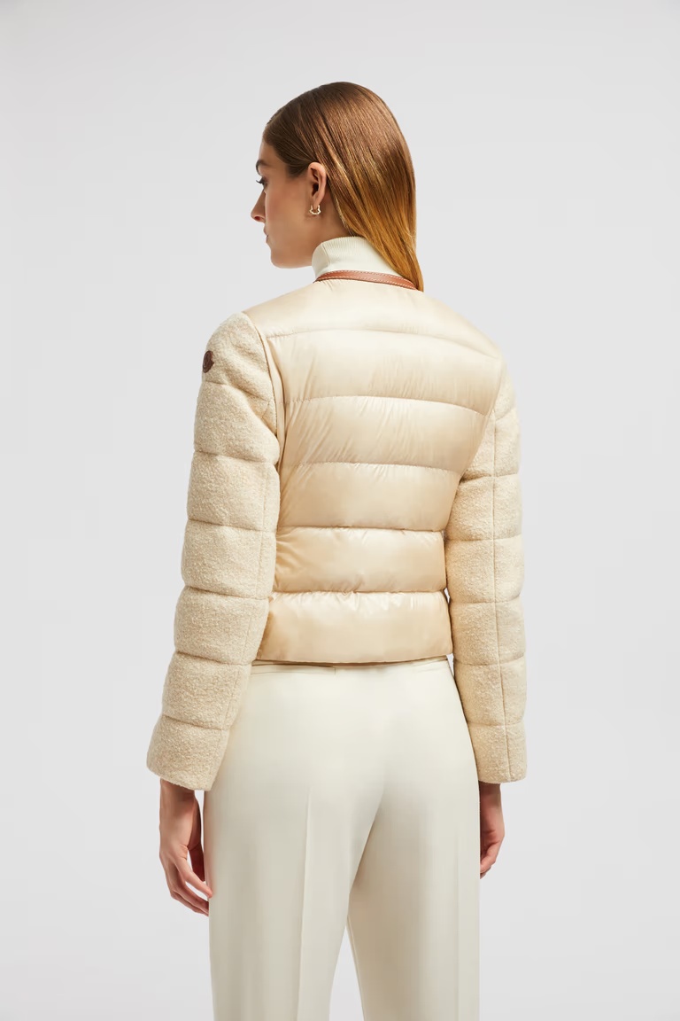 Moncler Serinde Leather-trimmed Quilted Wool-blend Bouclé Down Jacket In Nude