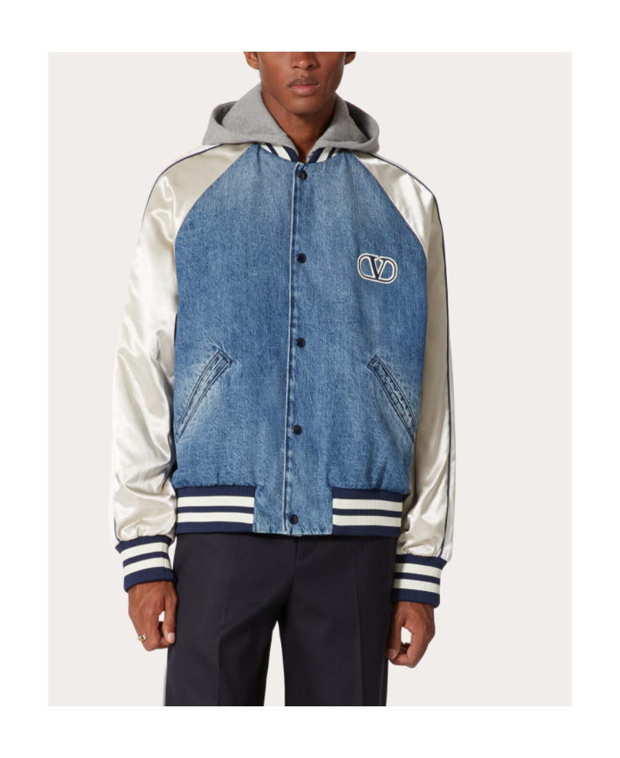 Valentino Double-layered Hooded Varsity Jacket In Blue