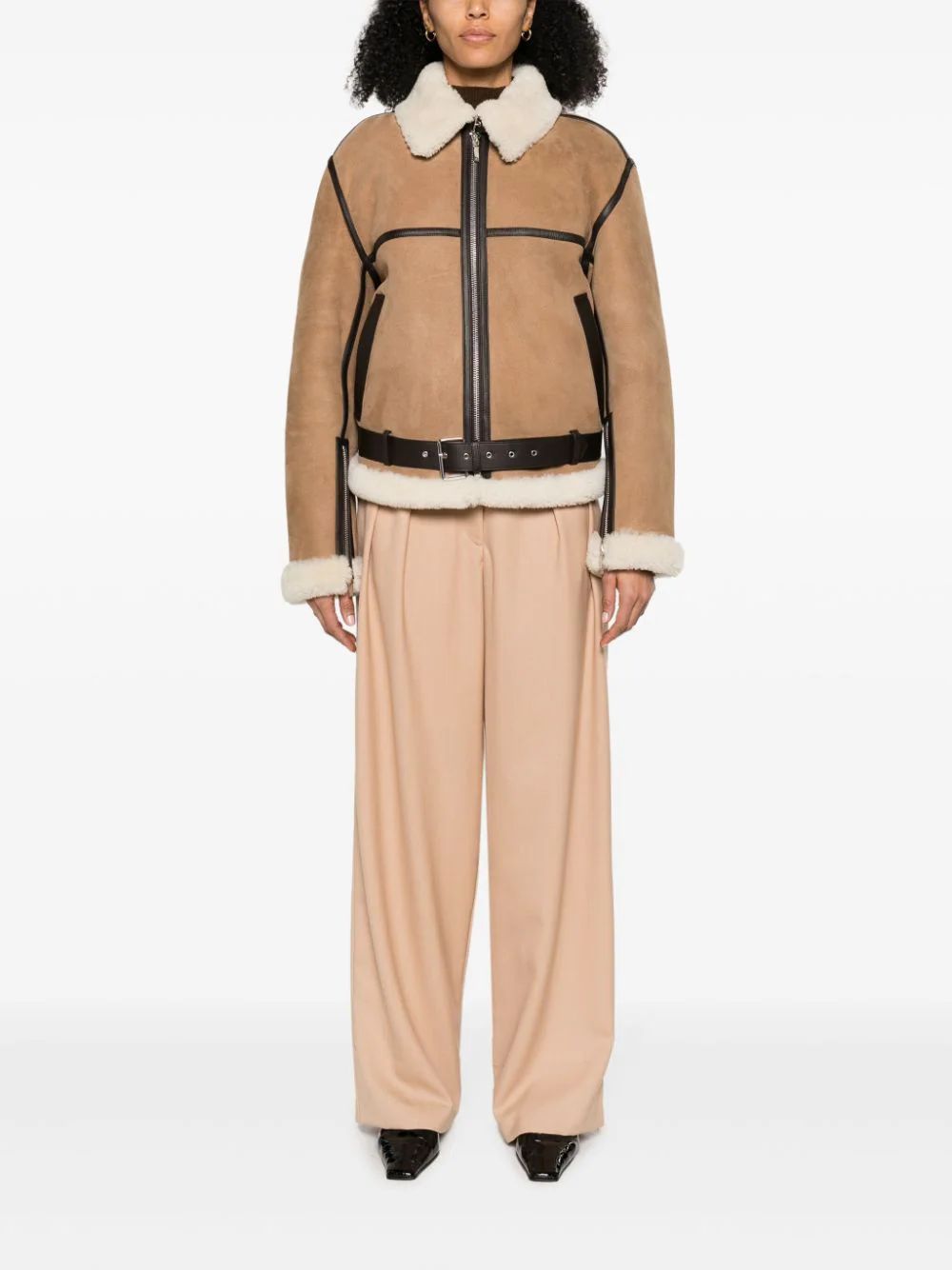Totême Sheep Shearling Belted Aviator Jacket In Nude
