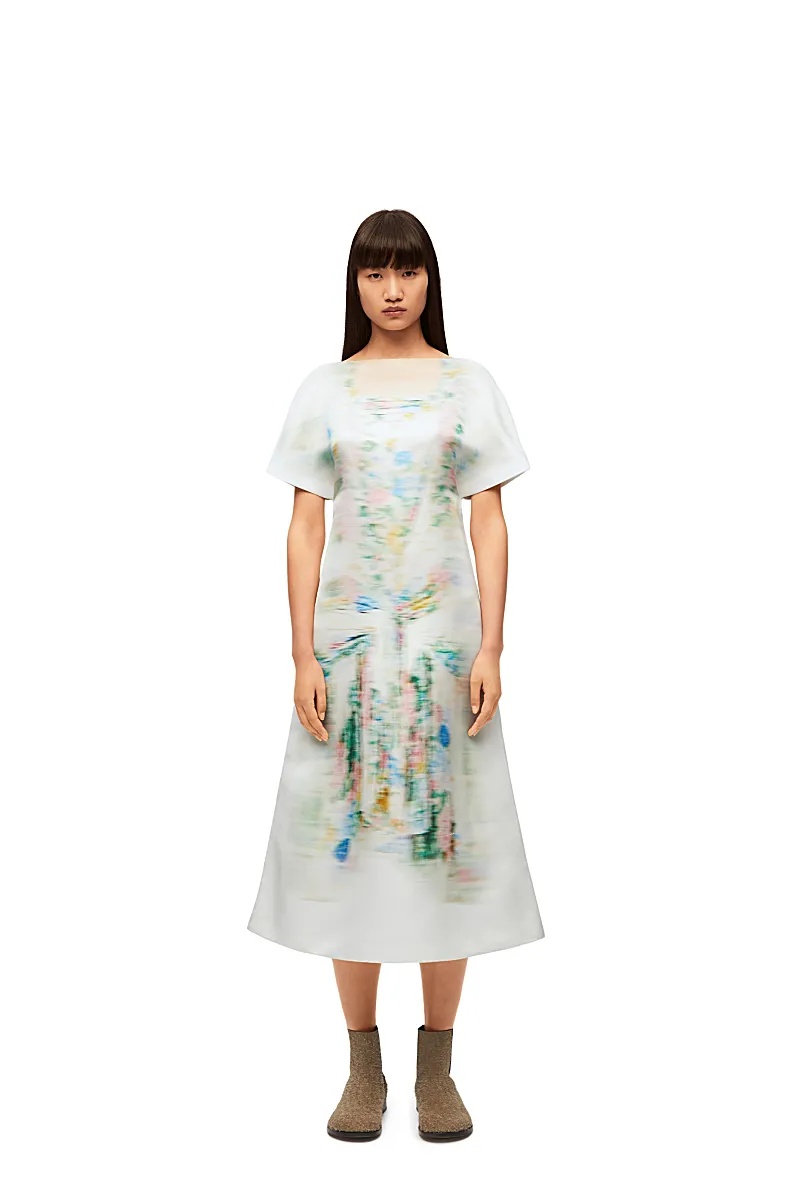 Loewe Attern-printed Short-sleeved Silk Dress In White