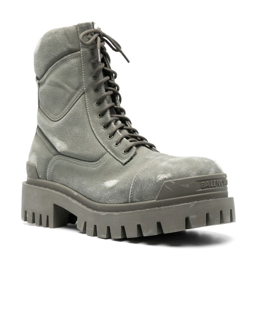 Balenciaga Mens Khaki Combat Strike Faded-wash Canvas Ankle Boots In Gray