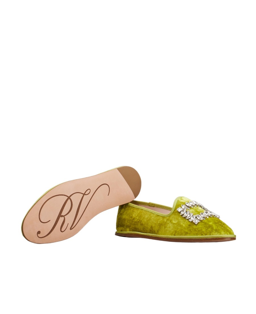 Shop Roger Vivier Babby Viv' Strass Embroidered Buckle Velvet Loafers In Green